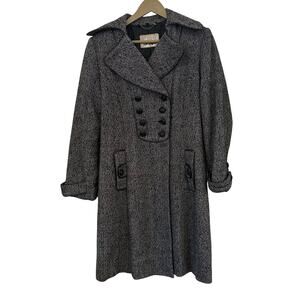 Guess Wool Blend Pea Coat Military Black and White Pleated Knee Length Large